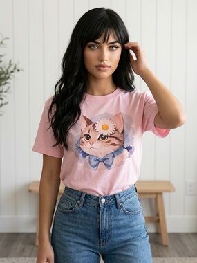 Pink Kitty Graphic Tee with Blue Bow -